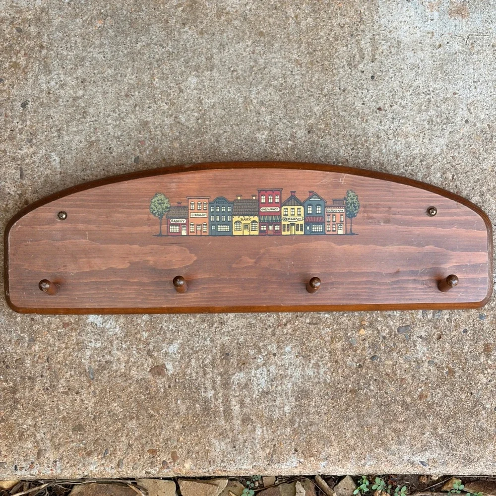 VTG Wood Coat Rack Village Scene Wall Mount Arched Cottage Americana Folk Art